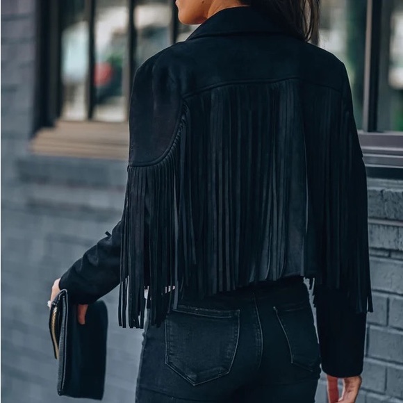 Black Suede Cropped Fringe Jacket - Picture 3 of 3